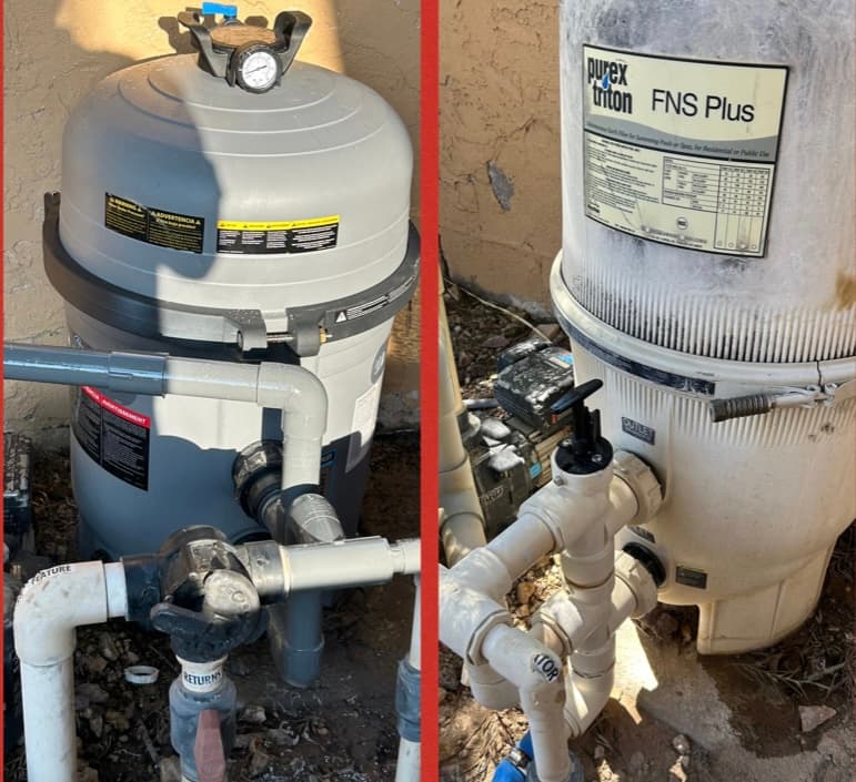 Aged pool filter equipment before replacement