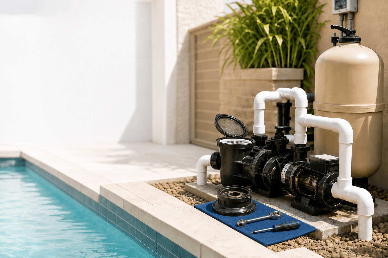 Pool technician diagnosing a residential pump system